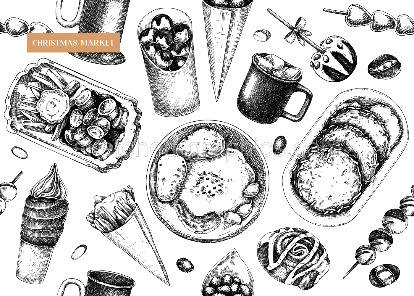 Street food and drink background. Vintage Christmas market menu design -  pastries, sweets, grilled meat, raclette, hot drinks sketches. Hand-drawn vector illustration. Fast food seamless pattern Illustration